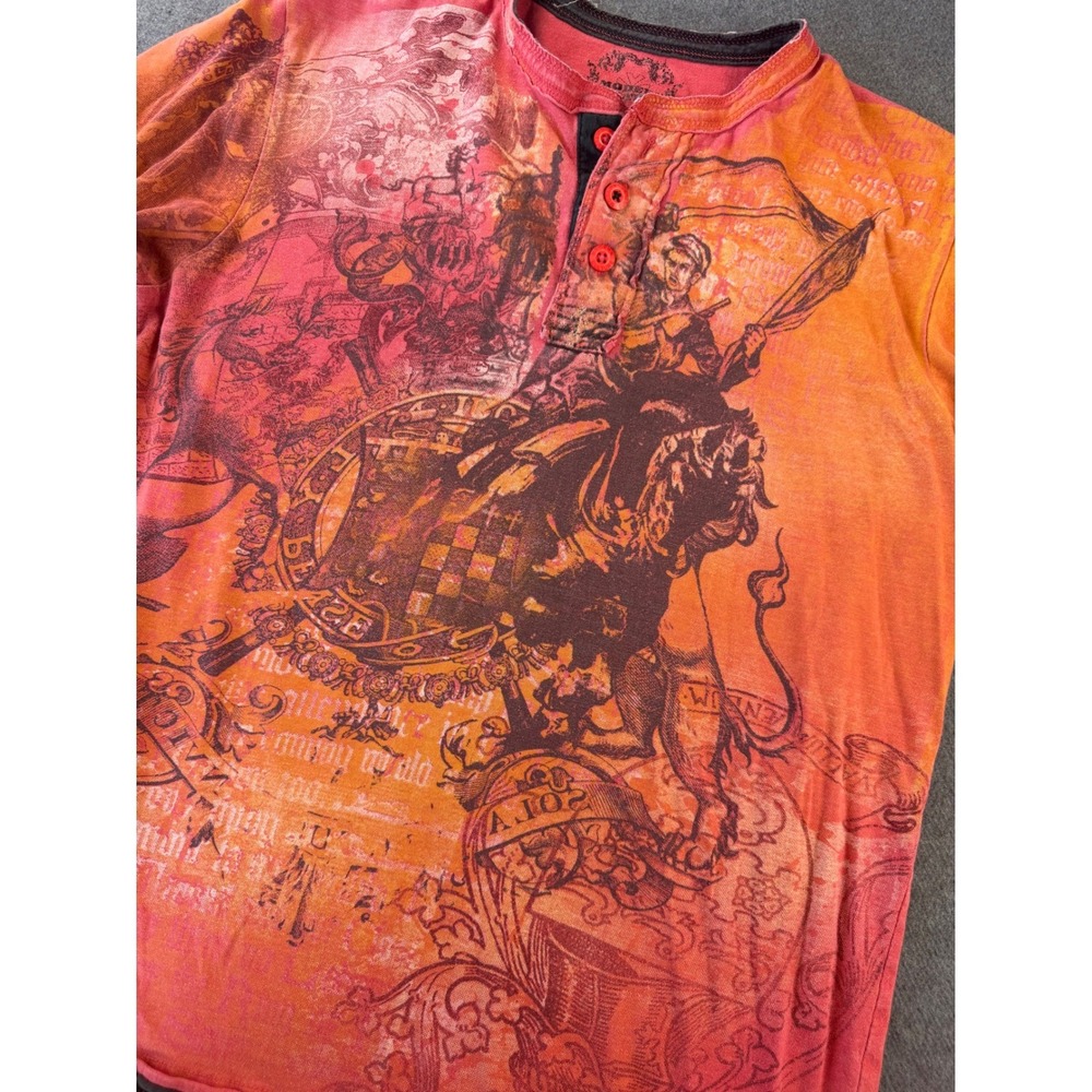 Modern Culture Henley Shirt Mens Large Orange Red Graphic Knight Streetwear Y2K